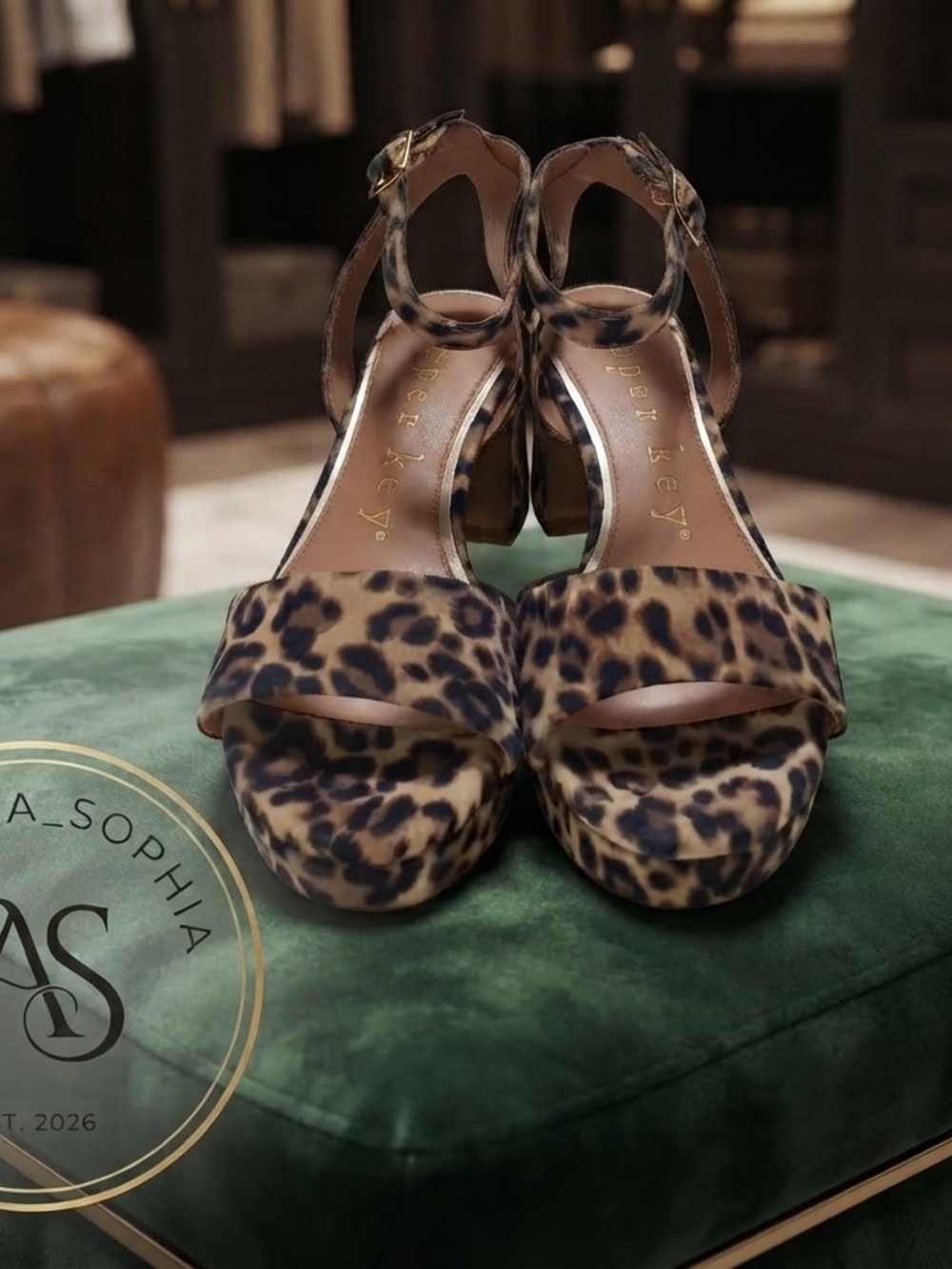 Copper Key Adore Leopard-Print Platform Block Heel Sandals - Tan & Black Sz 7.5